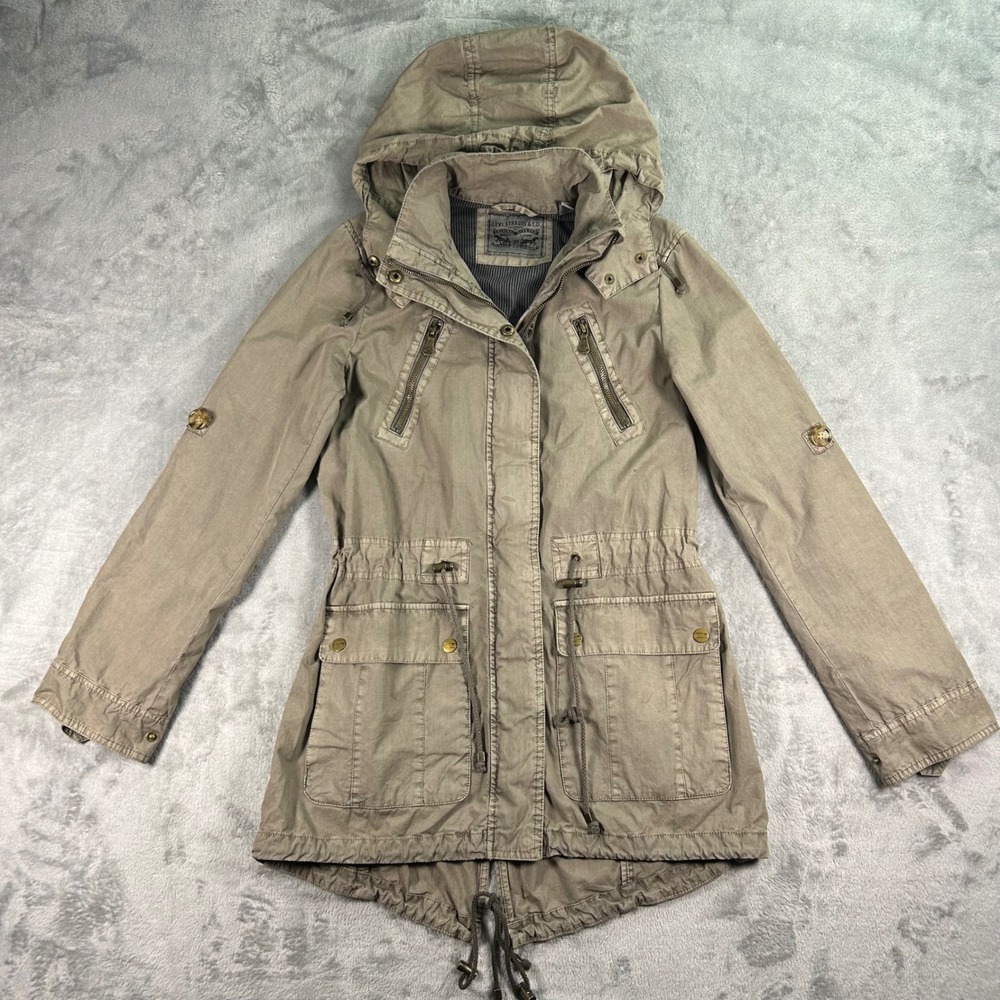 Levis Womens XS Olive Green Field Jacket Utility Parka Hooded Fishtail Hem